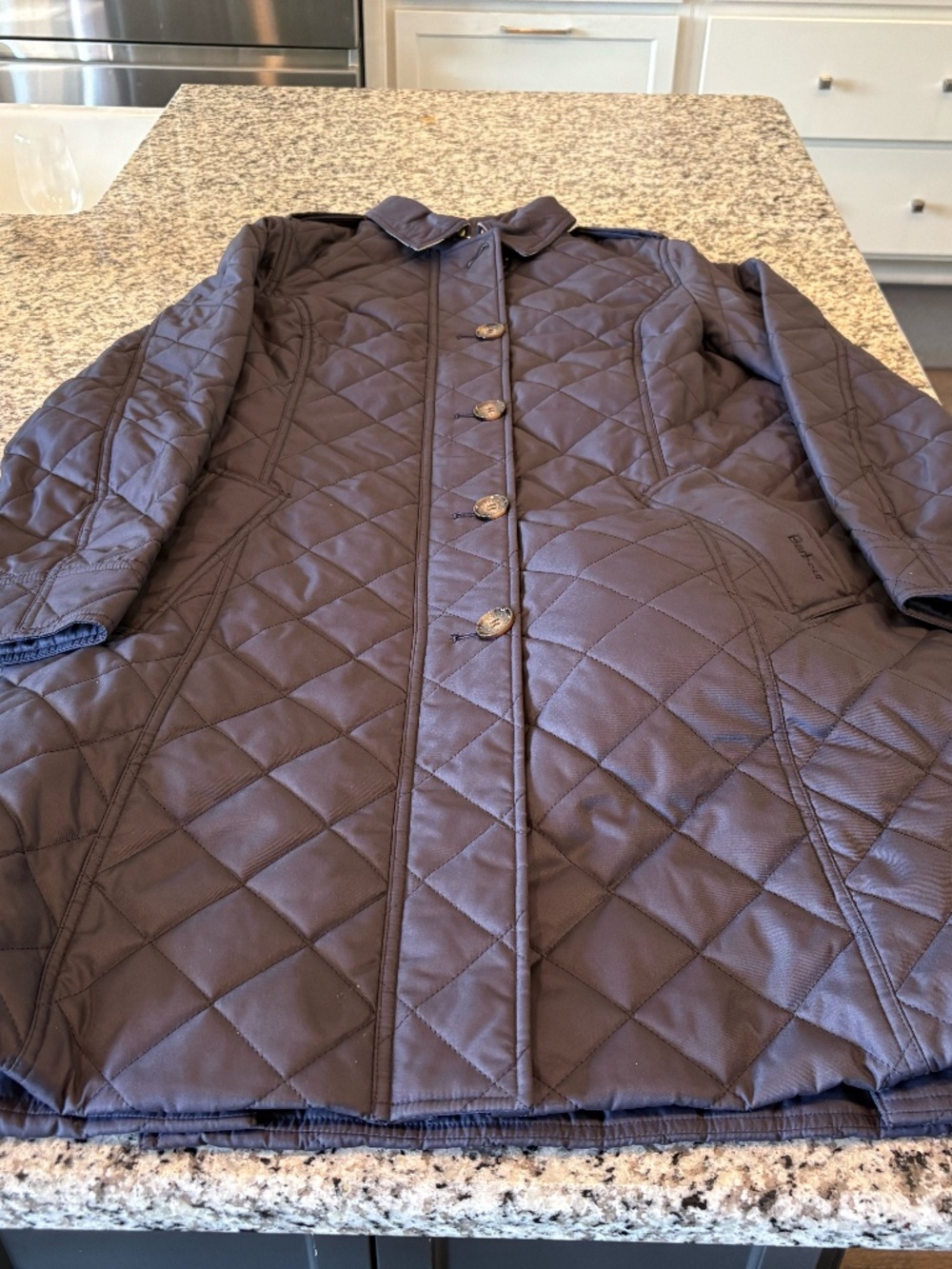 Barbour Rosalind Quilt Navy Belted Long Quilted Coat US 10 LQU1515